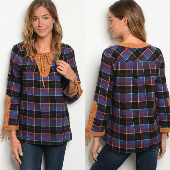 entro Tops - 💙Plaid Flannel Western Suede Laceup Top